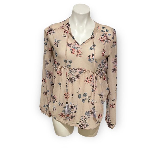 Knox Rose Small Blush Pink Floral Neck Tie High Low Long Sleeve Semi Sheer Blo… - Picture 2 of 6